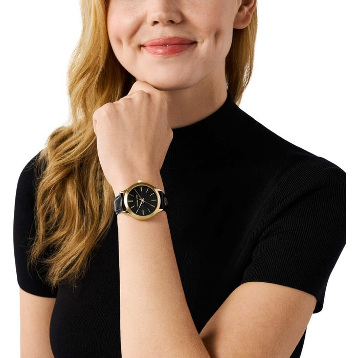 Жіночий годинник Michael Kors Slim Runway кварцовий, 38 мм, шкіряний ремінець (чорний та золотий)