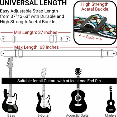 Гітарний ремінь Amumu з бавовни з вишивкою троянд та шкіряними кінцями для бас-, електро- та акустичної гітари, з фіксатором для голівки та блоками для ременя (Білий)