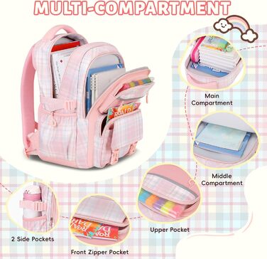 Шкільний рюкзак Tanou для дівчаток, ергономічний, великий, рожевий, з принтом в клітинку