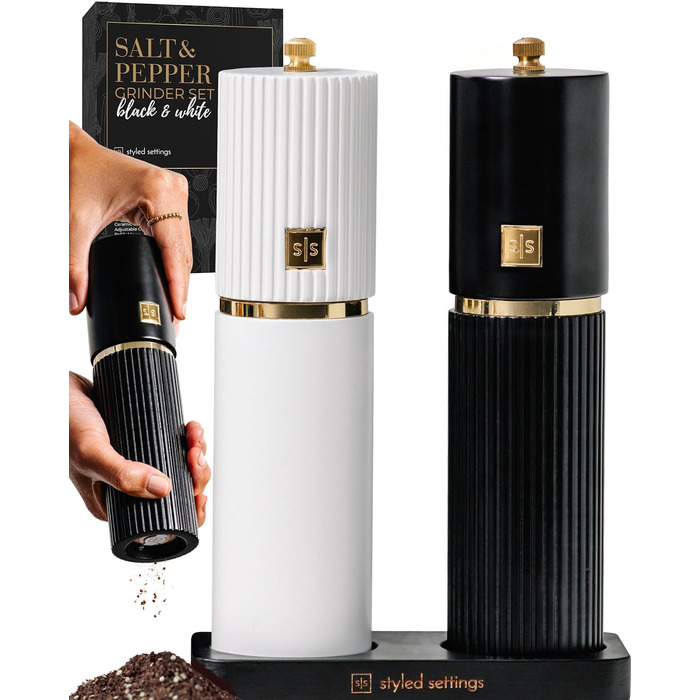 Набір для солі та перцю Styled Settings – біло-чорний з золотом, ручний, 2 шт., з регульованим керамічним жорном та дерев'яною підставкою