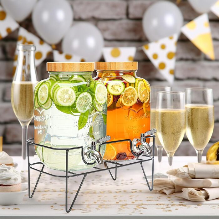 Скляний диспенсер для напоїв на 4 літри з краном, 2 шт. з підставкою, для лимонадів, холодного чаю, комбучі. Підходить для вечірок, свят, бамбукова кришка