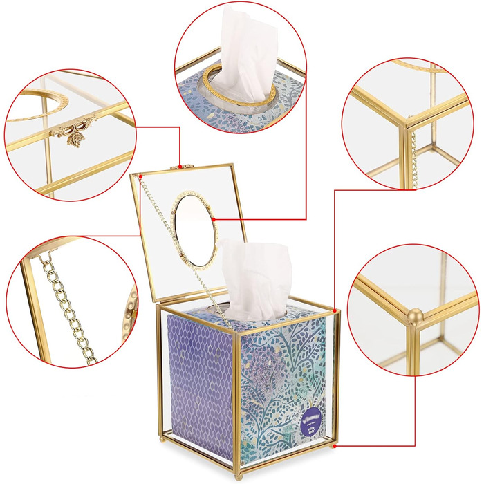 SUMNACON Glass Face Tissue Box Clear Gold Paper Box Holder, Square Napkin Box Storage Tissue Paper Box Organizer, Decorative Cube Tissue Box for Face Tissues, Napkin