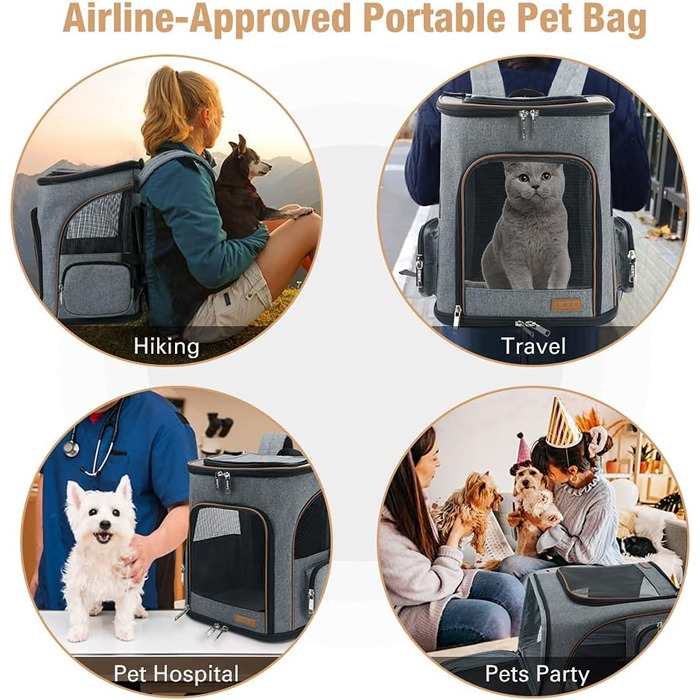 Розширюваний рюкзак для котів та маленьких собак Lekesky, сірий, M (32 x 25 x 38 см), з внутрішнім шлейком безпеки та 2 килимками для тварин