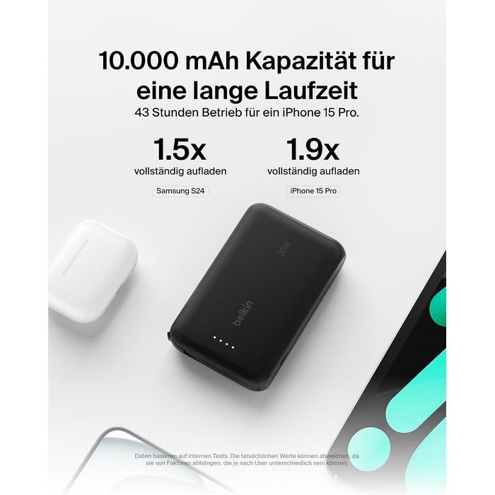 Повербанк Belkin BoostCharge 10000mAh 20W з вбудованим кабелем USB-C, LED-індикатором, чорний