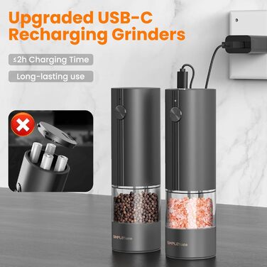 Електричні мельниці для спецій SIMPLETASTE 2 шт. з регульованим керамічним жорном, ABS, працюють від батарейок