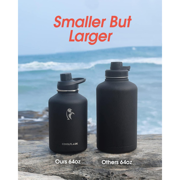 Coolflask 2L Stainless Steel Water Bottle with PU Leather Sleeve, Half Gallon Insulated Water Bottles with Straw Lid, Stainless Steel Metal Large Water Jug, Keeps Cold for 48h Hot for 24h, Polar Black