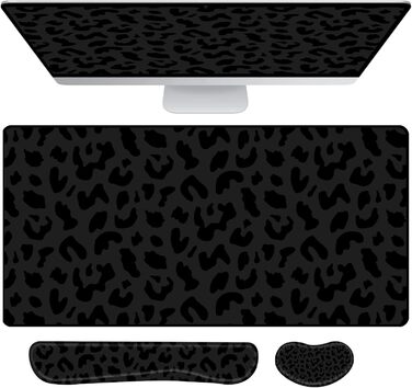 Килимок для миші 3-в-1 з підставкою для зап'ястя та клавіатури, 80x40 см, антиковзаюча основа, чорний леопардовий принт, для геймерів, дому та офісу