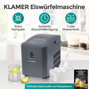 Машина для приготування льоду KLAMER, компактна, сіра, з лопаткою та таймером, 15 кг/день