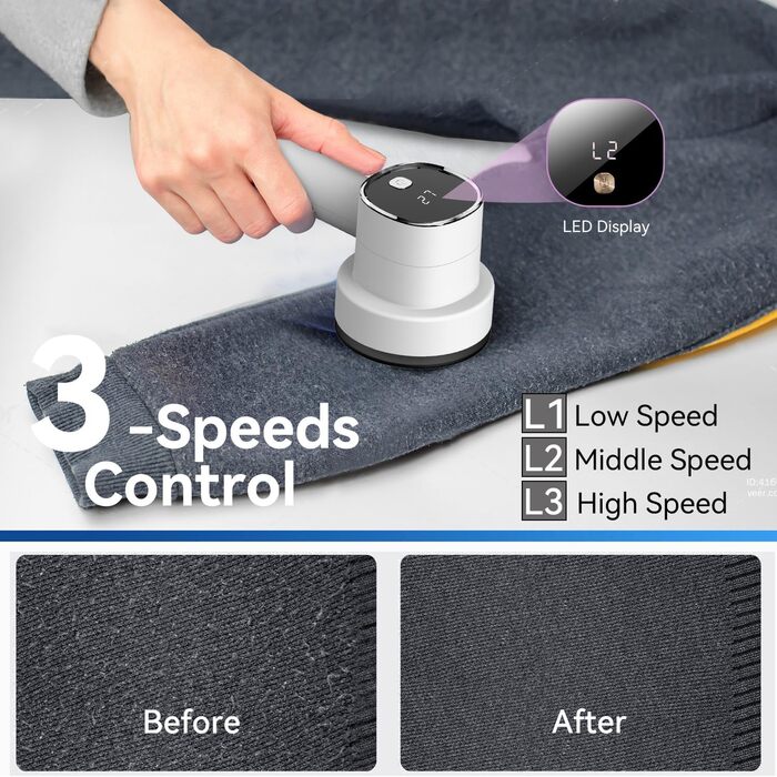 Електричний видалення ворсу з LED-дисплеєм - 6 лез з нержавіючої сталі, 3 швидкості, USB-зарядка. Підходить для одягу, пледів, диванів та постільної білизни (білий)