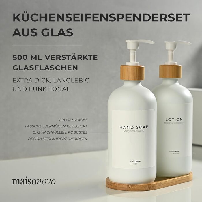 Набір дозаторів для мила та рідкого миючого засобу MaisoNovo | Скляні дозатори для ванної кімнати | 500 мл, білий колір, бамбукова помпа, 2 шт.