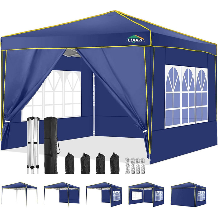 COBIZI Pavilion 3x3 Waterproof Stable Winter-Proof Party Tent, Folding Pavilion 3.0, 100% Waterproof and UV 50+ Portable High-End Portability Garden Pavilion, (Navy Blue, 3x3 with 4 Side Walls)