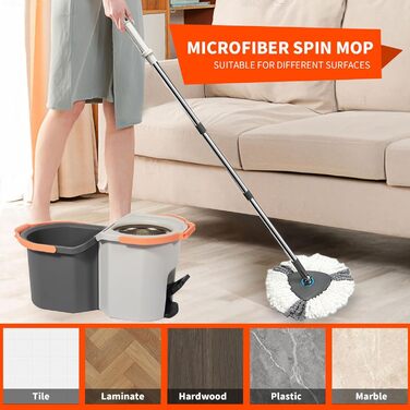 Набір для миття підлоги з відром, моп з функцією віджиму, відро з педальним механізмом та 2-камерним відсіком, повний набір з 3 мікрофібровими накладками для ламінату, паркету та плитки (світло-сірий)