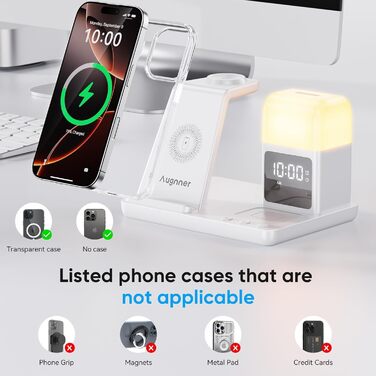 Бездротова зарядка Induktive для iPhone 17/16/15/14/13/12, 6-в-1 з нічною лампою та будильником, сумісна з Apple Watch та AirPods (Біла)