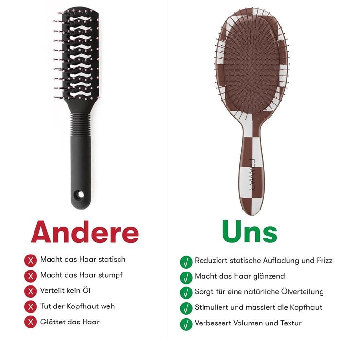 FRAMAR Щітка для волосся без розпушування - для довгого волосся, для жінок, для мокрого волосся, для розплутування, для кучерявого волосся, антистатична, шоколадного кольору