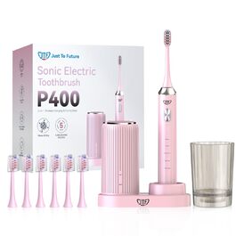 Електрична звукова зубна щітка JTF з УФ-дезінфекцією та сушінням, бездротова зарядка, 5 режимів чищення, 6 насадок, стаканчик, акумуляторна для дому та подорожей (Рожева)
