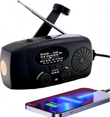 Радіо NOAA iRonsnow 5000 mAh: радіо для надзвичайних ситуацій, FM/AM, з ручним заводом, сонячне, з SOS, ліхтарик 1W LED, зарядка для телефону, чорне