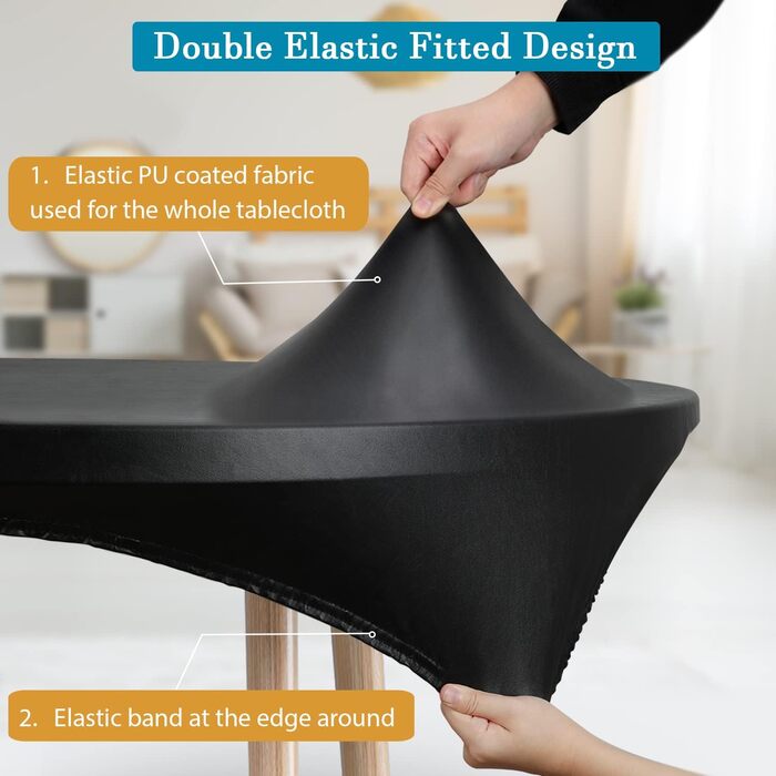 Rinpon Double Fitted PU Round Tablecloth, Anti-Tear Wipeable Elastic, Soft-Touch, Waterproof, Oil-Resistant (Black, 45
