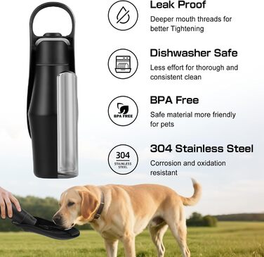 Водяна пляшка для собак на прогулянці - не протікає, з нержавіючої сталі, подвійні стінки, вакуумна ізоляція, 750 мл, чорна