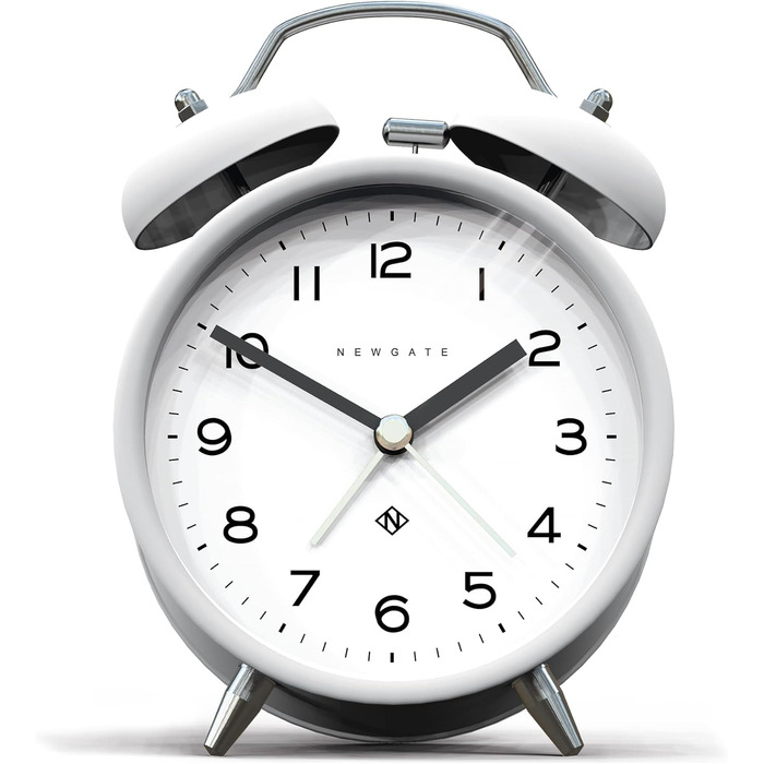 NEWGATE ® Charlie Bell Echo Alarm – Small Modern Nightstand Alarm Clock – Bedroom Accessory – Alarm Clock – Desk Accessory – Nightstand Clock – Arabic Numerals (White)