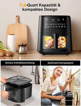 Фритюрниця повітряна Airfryer 7.2L, 11-в-1 з вікном, функція підігріву, розморожування, нагадування про струшування та таймер, здорова без олії, приготування з низьким вмістом жиру