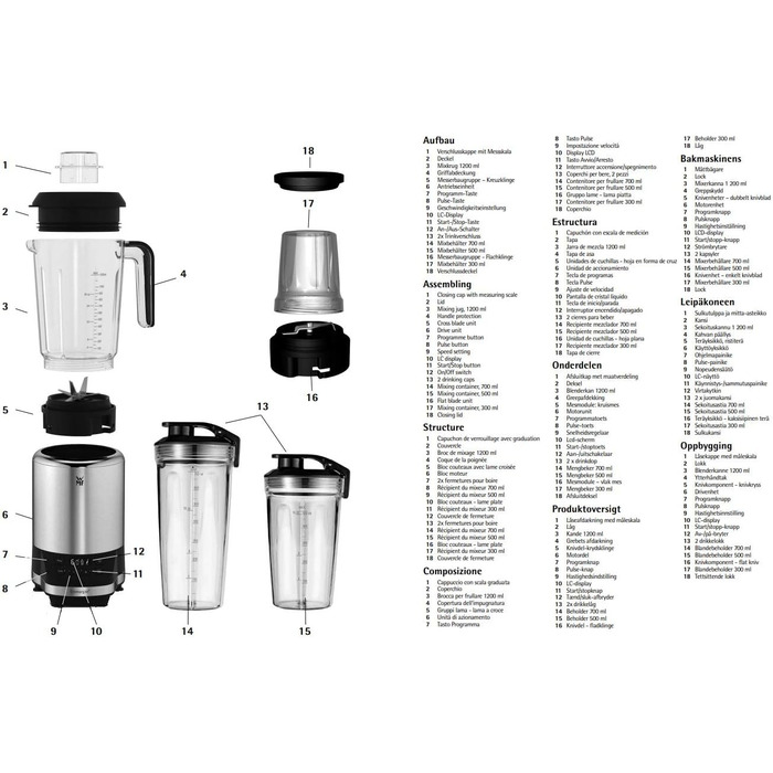 WMF Kult Pro Multifunction Mixer, High-Performance Blender, 30,000 RPM, Smoothie Maker, Stand Mixer, Ice-Crush Function, 4 Mixing Containers including ToGo Lid Single