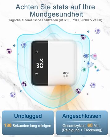 Електричний стерилізатор зубних щіток з сушкою 60°C, LED-дисплеєм, годинником, акумулятором та кріпленням на стіну без свердління. Білий+чорний