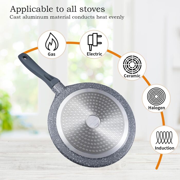 ROSSETTO Crepe Pan Induction 26cm Pancake Pan with PFAS-free Ceramic Coating, Pancake Pan Inner Diameter 24 cm, Die-Cast Aluminum Fry Pan, Suitable for All Cooktops, Sanstone Grey 24cm