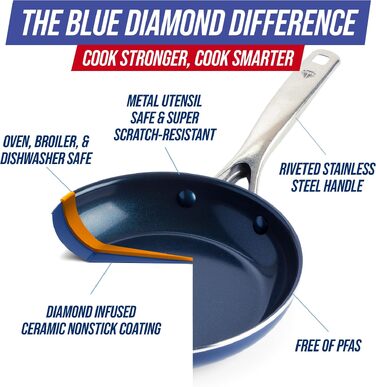 Набір посуду Blue Diamond CC001951-001 з керамічним антипригарним покриттям без PFAS, алюміній та нержавіюча сталь, синій, 14 предметів