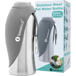 LumoLeaf Stainless Steel Dog Water Bottle - 800ml Portable Pet Water Dispenser for Travel, Hiking & Camping (Gray)