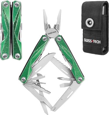 Мультитул Swiss+Tech 16-в-1 з нержавіючої сталі з ножем, пилкою, плоскогубцями, викрутками та ножицями для кемпінгу, відпочинку та ремонту, з чохлом, вінтажний зелений