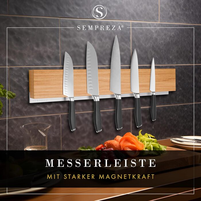 SEMPREZA® Magnetic Knife Strip | 40cm | Oak Wood & Stainless Steel | for Gluing or Screwing | Magnetic Knife Holder | Magnetic Knife Rail | Self-adhesive Magnetic Knife Holder