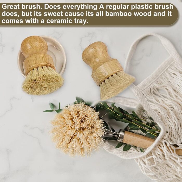 Dish Brush Set made of wood, for cleaning pots, pans and vegetables, natural bristles, bamboo scrub brushes with ceramic bowl, 1 long-handled dish brush + 2 palm-sized scrub brushes