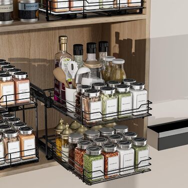 Висувна полиця для спецій у шафу, 2 яруси, регульована висота, чорний колір, органайзер для спецій, органайзер для кухні, розмір 23.8x26.4x23 см