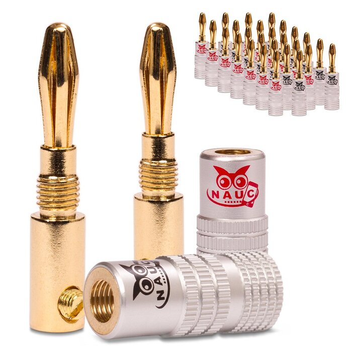 Бананові роз'єми NAUC High End 28x (14 пар) 24K позолочені, для кабелю до 6 мм², чорні та червоні, з'ємні/припаювані