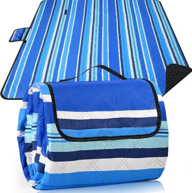 Водонепроникний плед для пікніка Boho 200x200см, XXL. Плед для пікніка, пляжу, кемпінгу, з бавовни, пісконепроникний, пральний, туристичний. Синій у смужку