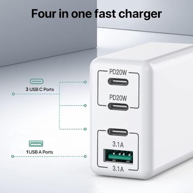 Блок зарядки USB C 40W 4-портовий, Швидка зарядка PD+QC, Багатопортовий для iPhone/Samsung/Tablet, Білий (2 шт. в упаковці)