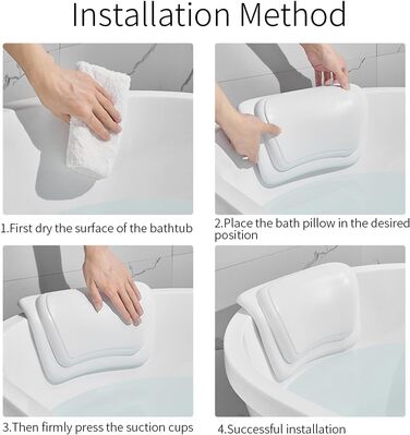 Lonkenn Bathtub Pillow, Ergonomic Bath Pillow, Stylish PU Bath Pillow with Suction Cups, Waterproof Bathtub Cushion, High-Quality Non-Slip Bath Pillow, Bathroom Accessories, for Bathtub, Spa White