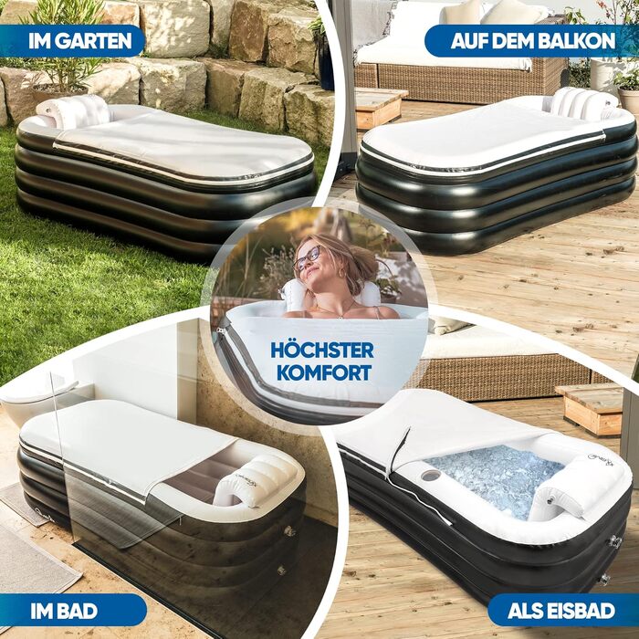 Надувна ванна TIMELAX® XL з ергономічною спинкою | 0,5 мм PVC, без BPA | Мовна, розкладна, для дорослих, чорна