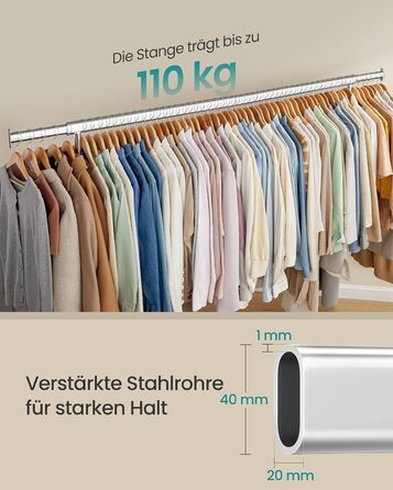 SONGMICS Clothes Rack on Wheels, Coat Rack, Heavy-Duty, Extendable Clothes Rod, Load Capacity up to 110 kg, 45 x (160-200) x 162.9 cm, Metal, Chrome, Silver HSR176E01
