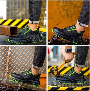 Черевики безпеки ISOOUS для чоловіків та жінок. Легкі, дихаючі, антиковзкі кросівки з пластиковим носком. Ідеально підходять для кухні, спорту. Розмір 47 EU, чорний/зелений.