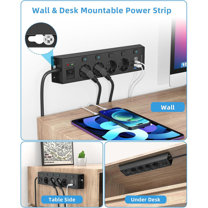 Мережевий фільтр Steckdoseleiste з індивідуальним керуванням, 5 розеток, настінний монтаж, захист від перенапруги 1050 Дж, для дому та офісу, кабель 2 м (4 розетки з USB, чорний)