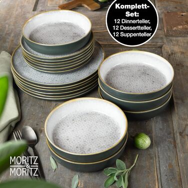 Moritz & Moritz TERRA 36-Piece Dinnerware Set - 12 Place Settings - Plate Set in Subtle Gray Made of High-Quality Porcelain - Dinnerware Set for 12 with 12 Dinner Plates, Dessert Plates, and Bowls Each - Gray 36-Piece Dinnerware Set