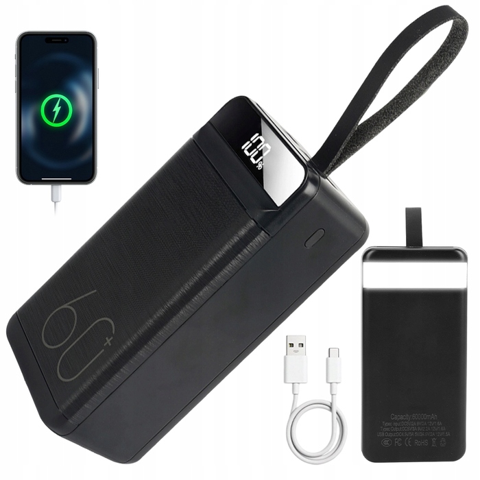 Повербанк 60000 mAh з 3 USB-портами та LED-індикатором для зарядки телефону