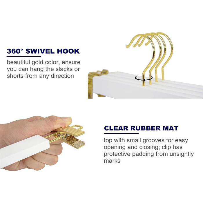 Дерев'яні вішалки для одягу Amber Home, 10 шт., 36 см, білі. Міцні, з антиковзними кліпсами та поворотним гачком. Підходять для штанів, шортів, спідниць, шкарпеток та нижньої білизни.