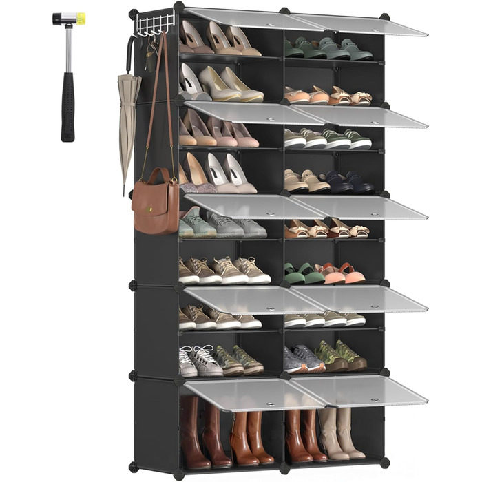 SONGMICS 10-Tier Shoe Rack, Shoe Cabinet, 30 x 40 x 30 cm per compartment, narrow, with doors, steel frame, plastic, for hallway, bedroom, entrance area, black LPC035B01