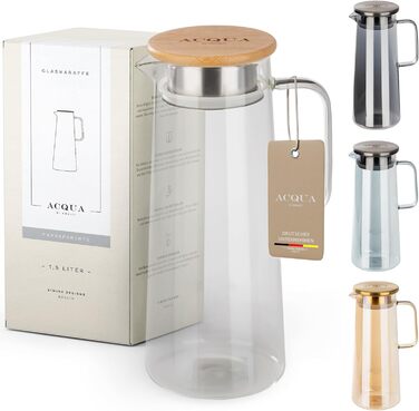 ACQUA DI AMALFI® Glass Carafe with Lid | Water Carafe 1.5 Liter | Glass Jug with Lid | Leak-proof & High-Quality | Glass Carafe ideal for Lemonade, Water & Tea (NEUTRAL/BAMBOO)