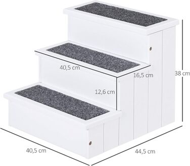 PawHut Pet Stairs 3 Steps Cat Stairs Pet Stairs Dog Stairs for Dogs and Cats Pet Stair Entry Aid with Carpet Storage for Sofa Bed Fir Wood 40.5 x 44.5 x 38 cm (White)