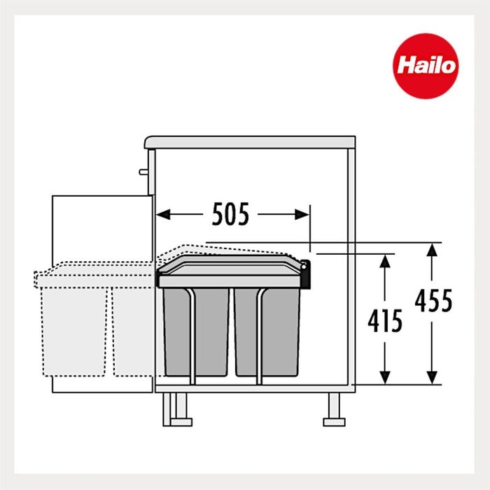 Відро для сміття Hailo Tandem 3650103 | Вбудований контейнер для сміття 2 секції з 50 мішками | для шаф шириною від 300 мм | Зручний висувний механізм на роликах | Сріблястий та антрацитовий пластик