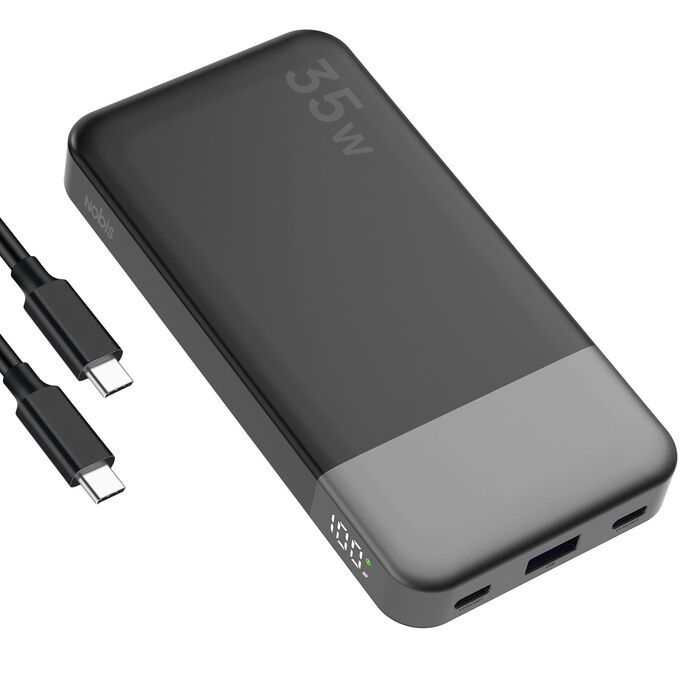 Power Bank Nobis 35W 10000mAh з цифровим дисплеєм, 2 USB-C, 1 USB-A (Чорний)