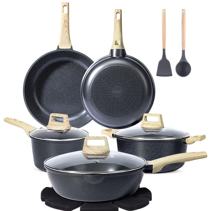 Набір кухонного посуду GiPP з кришкою, антипригарне покриття з кераміки, набір каструль та сковорідок для всіх типів плит, (сірий, 14-ти частинний)